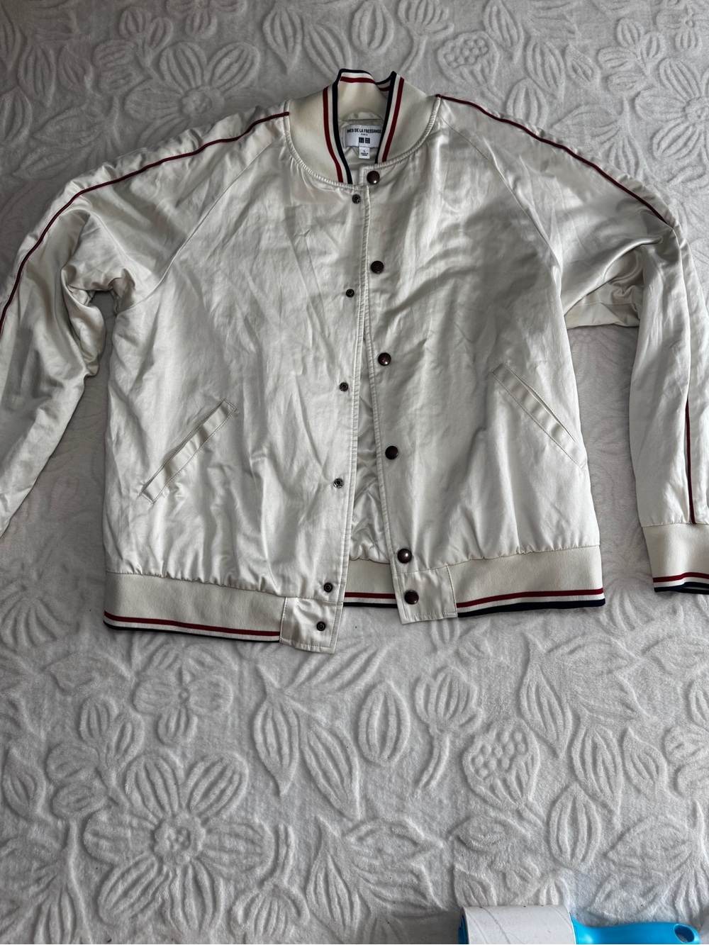Universal Thread Cream Bomber Jacket with Red and Black Stripe